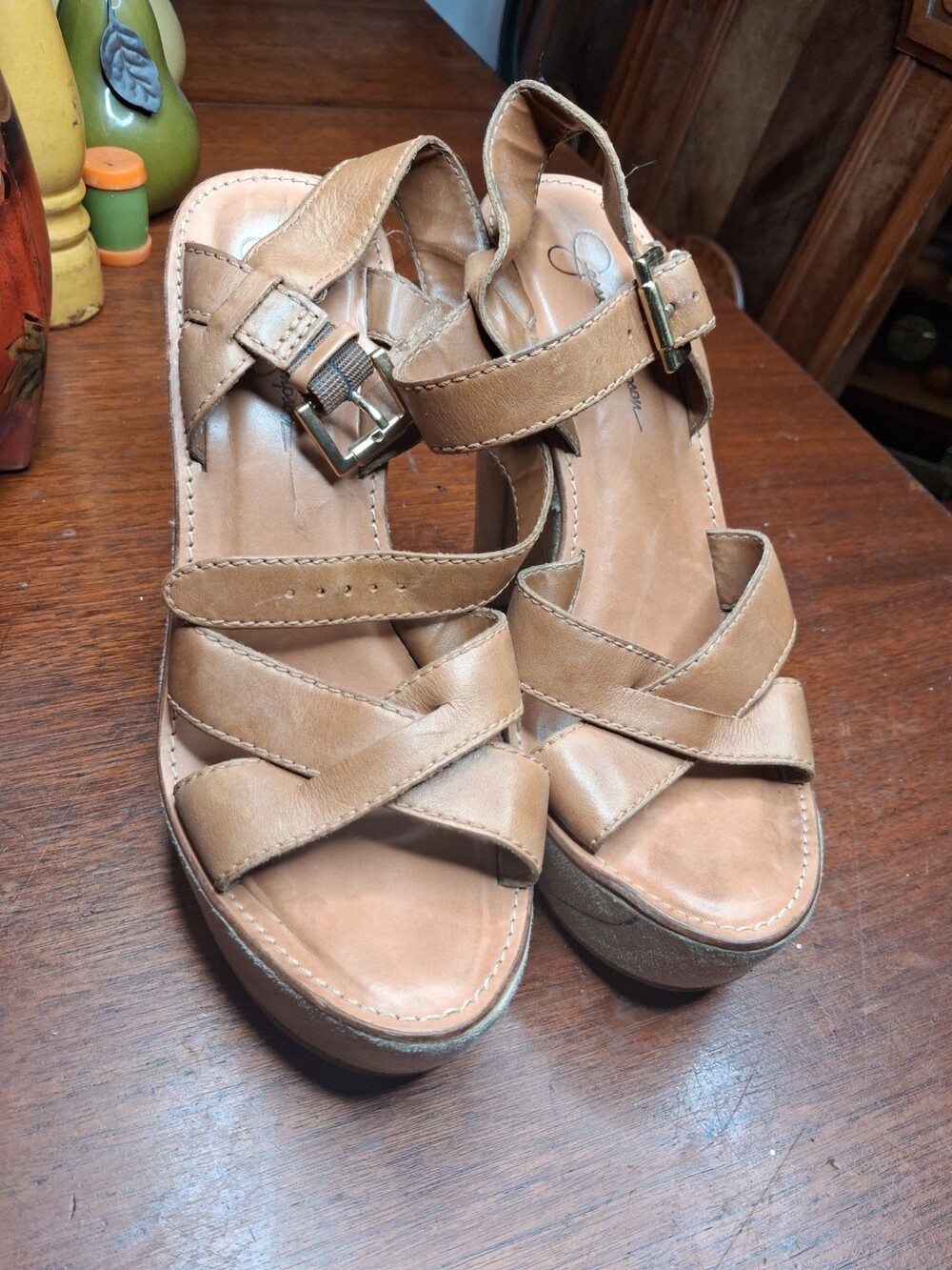 Jessica Simpson Women's Platform Tan Criss Cross Strappy Open Toe Heels 8.5M